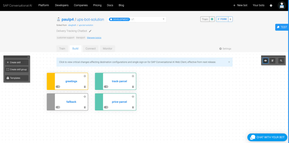 screenshot of SAP Conversational AI